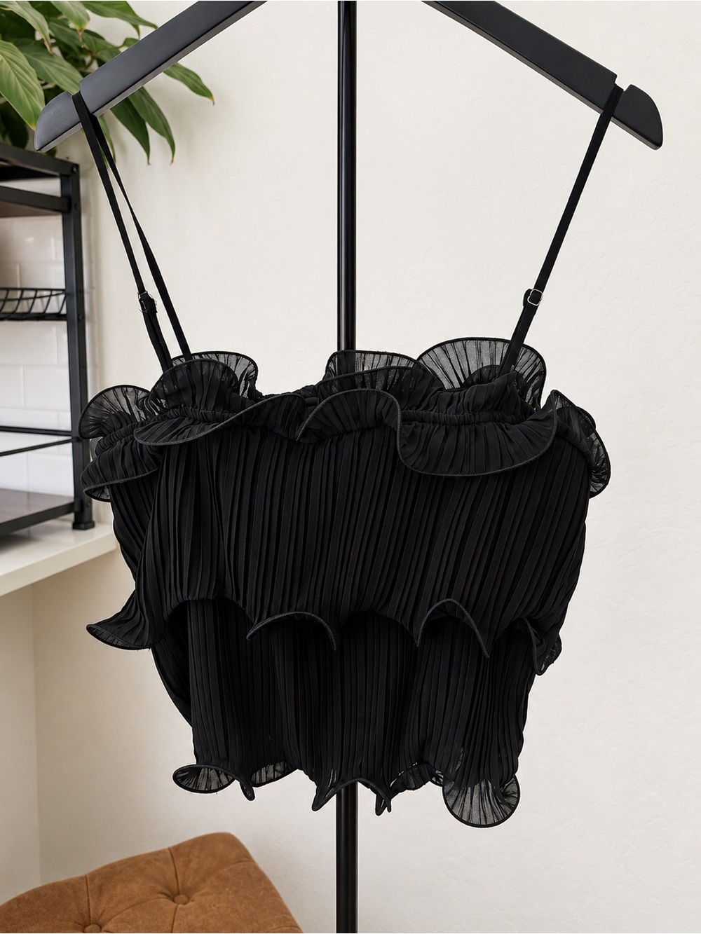 Black Pleated Ruffle Chiffon Cami Crop Top Coquette Y2K Going Out Club